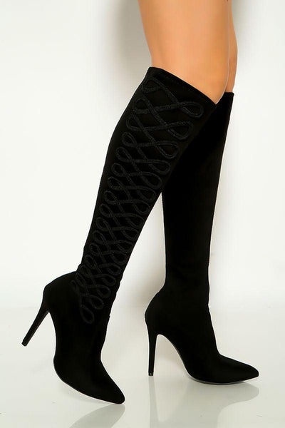 Black Pointy Toe Embroidered Detail Knee High Boots - AMIClubwear