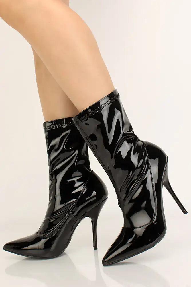 Black Pointy Toe Faux Leather Booties - AMIClubwear