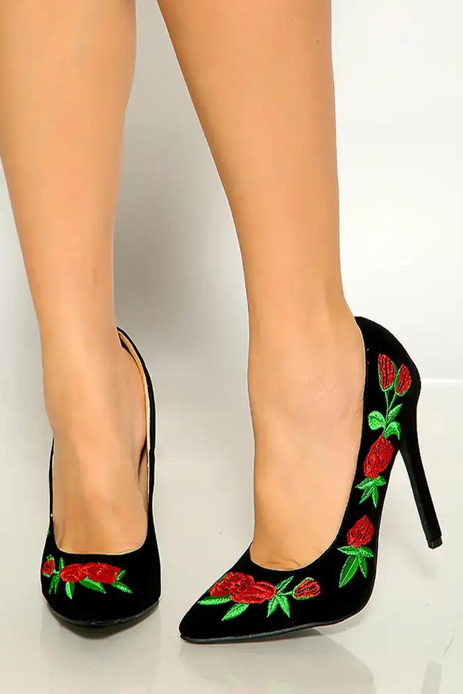 Black Pointy Toe Floral Embroidered High Heel Pumps - AMIClubwear