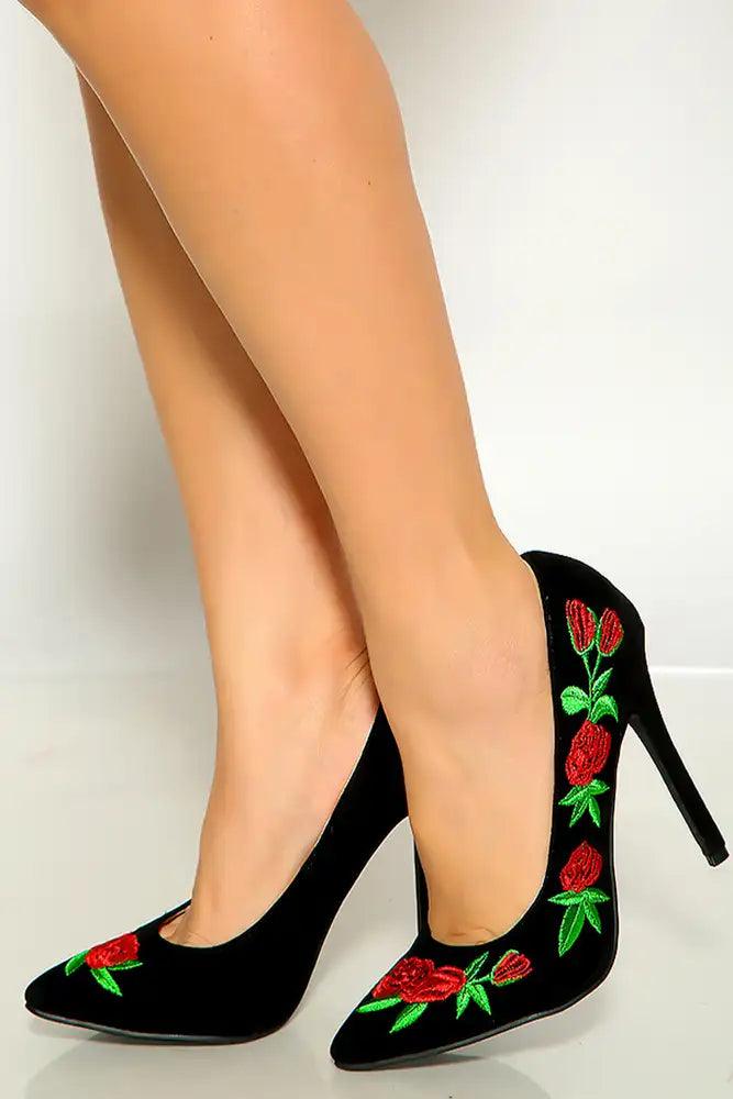 Black Pointy Toe Floral Embroidered High Heel Pumps - AMIClubwear