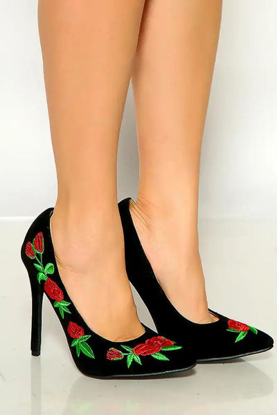 Black Pointy Toe Floral Embroidered High Heel Pumps - AMIClubwear