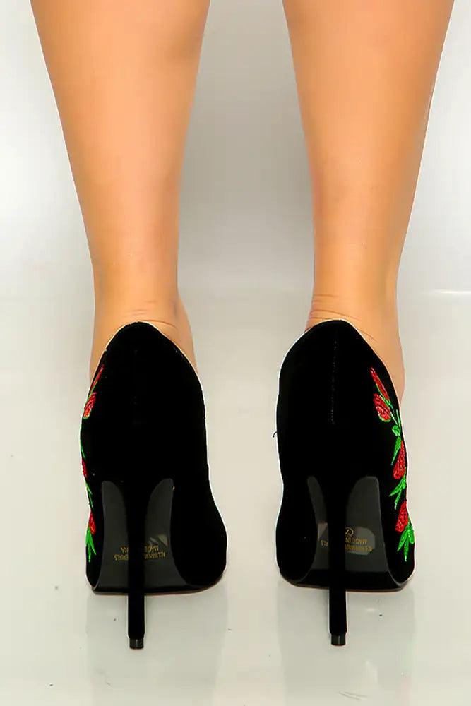 Black Pointy Toe Floral Embroidered High Heel Pumps - AMIClubwear