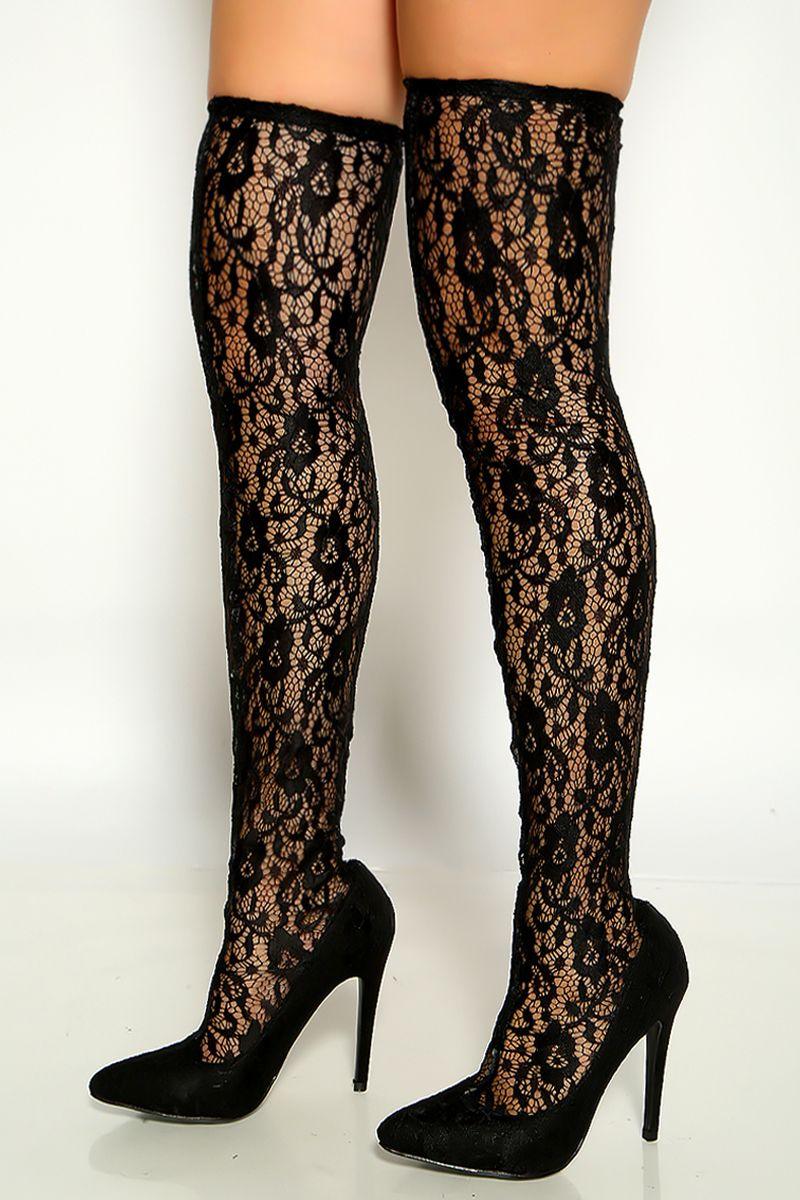 Black Pointy Toe Floral Lace Embroidered Thigh High Heel Boots - AMIClubwear