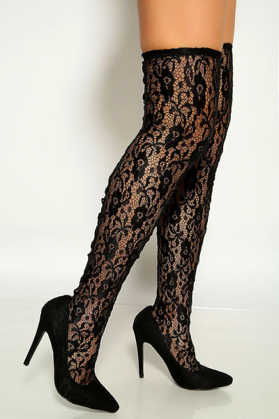 Black Pointy Toe Floral Lace Embroidered Thigh High Heel Boots - AMIClubwear