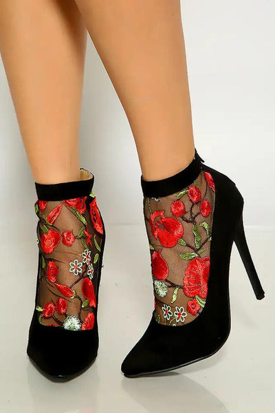 Black Pointy Toe Floral Mesh High Heels - AMIClubwear