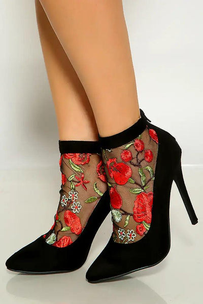 Black Pointy Toe Floral Mesh High Heels - AMIClubwear