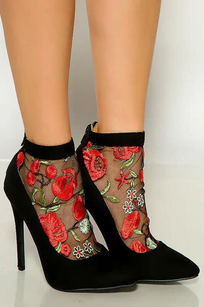 Black Pointy Toe Floral Mesh High Heels - AMIClubwear
