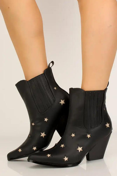 Black Pointy Toe Glitter Stars Booties - AMIClubwear