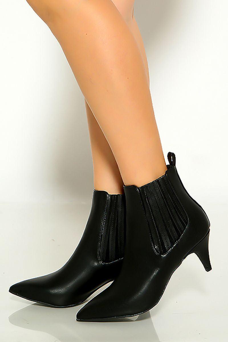 Black Pointy Toe Kitten Heel Booties - AMIClubwear