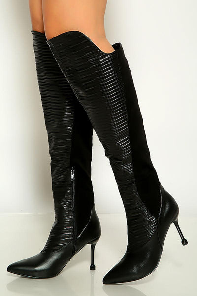 Black Pointy Toe Knee High Heel Boots - AMIClubwear