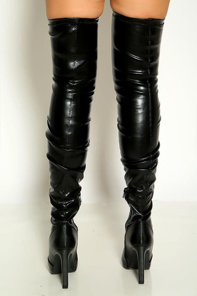 Black Pointy Toe Knee High Heel Stiletto Thigh High Boots - AMIClubwear