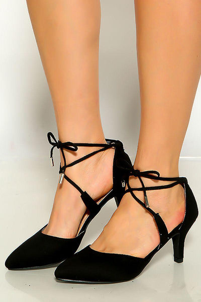 Black Pointy Toe Lace Up Kitten Heels - AMIClubwear
