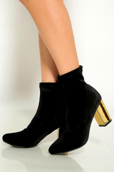 Black Pointy Toe Metallic Chunky Heel Booties - AMIClubwear