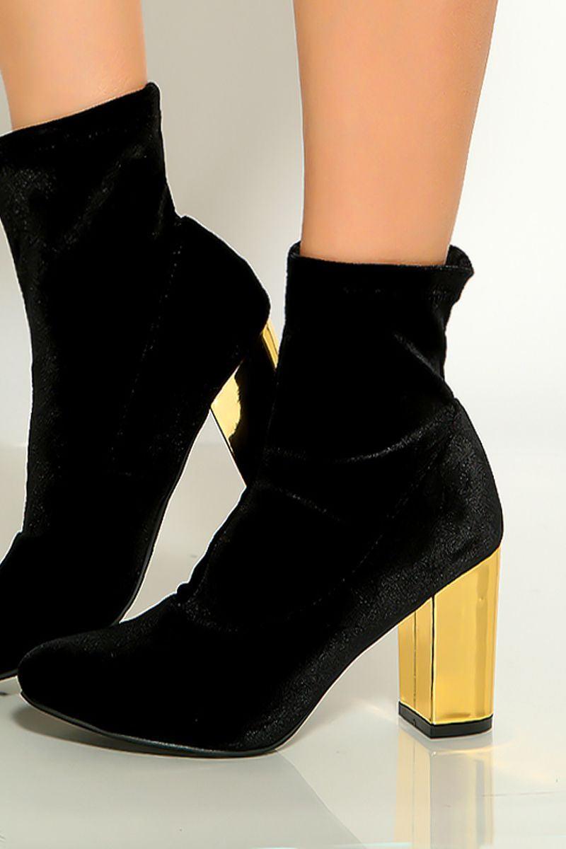 Black Pointy Toe Metallic Chunky Heel Booties - AMIClubwear