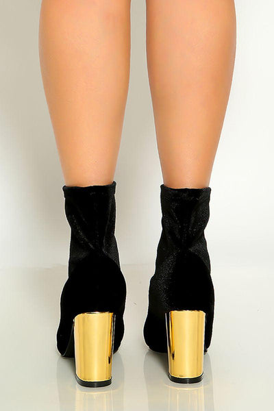 Black Pointy Toe Metallic Chunky Heel Booties - AMIClubwear