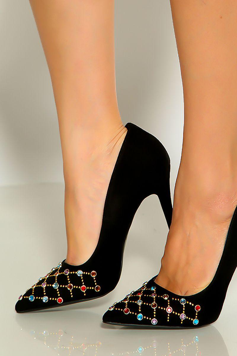Black Pointy Toe Multi Colored Rhinestone Detail High Heels - AMIClubwear