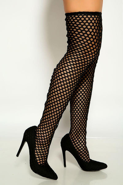 Black Pointy Toe Netted Thigh High Heel Boots - AMIClubwear