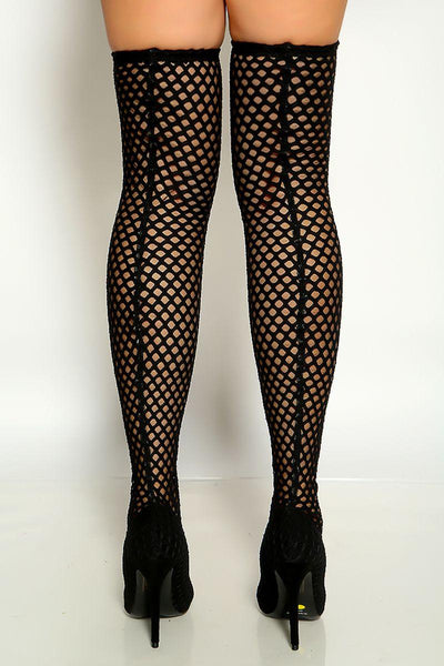 Black Pointy Toe Netted Thigh High Heel Boots - AMIClubwear