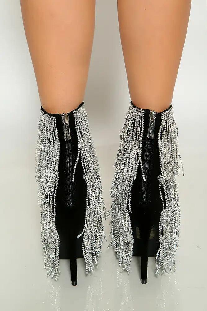 Black Pointy Toe Rhinestone Fringe High Heel Booties - AMIClubwear