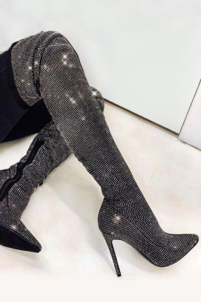 Black Pointy Toe Rhinestone Studded High Heel Thigh High Boots - AMIClubwear