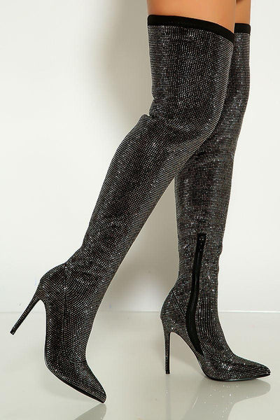 Black Pointy Toe Rhinestone Studded High Heel Thigh High Boots - AMIClubwear