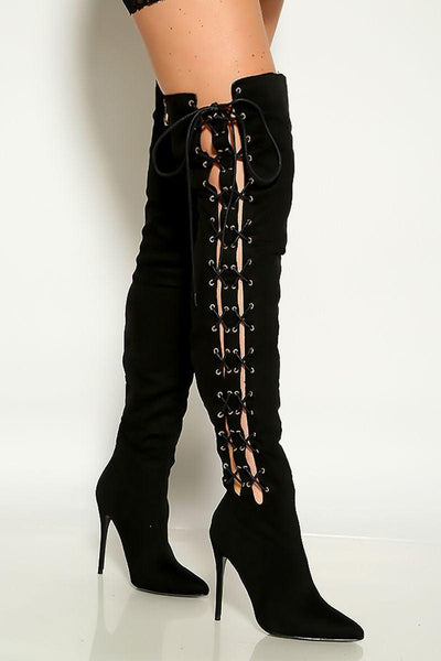Black Pointy Toe Side lace Up Corset Detail Thigh High Heel Boots - AMIClubwear