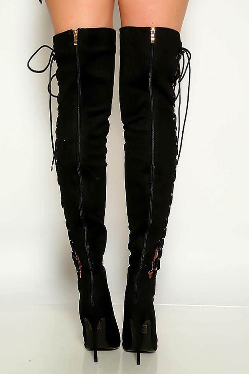 Black Pointy Toe Side lace Up Corset Detail Thigh High Heel Boots - AMIClubwear