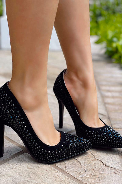 Black Pointy Toe Slip On Rhinestone High Heels - AMIClubwear