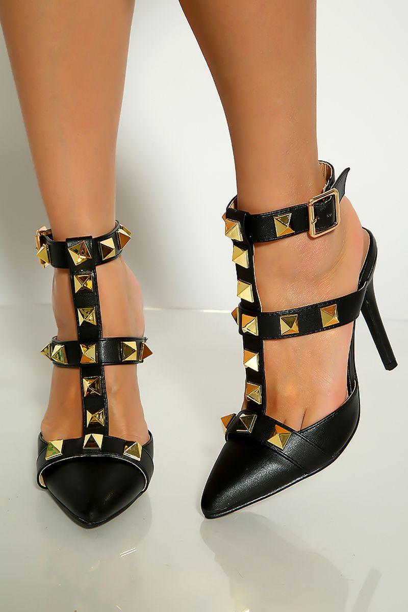 Black Pointy Toe Studded T-Strap High Heels - AMIClubwear