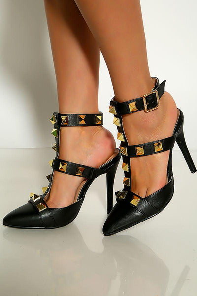 Black Pointy Toe Studded T-Strap High Heels - AMIClubwear