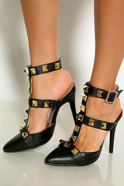 Black Pointy Toe Studded T-Strap High Heels - AMIClubwear