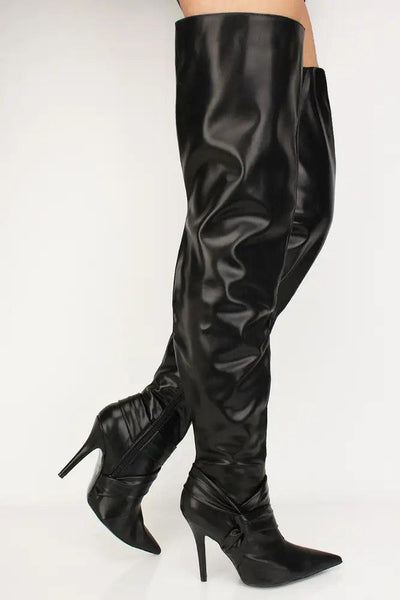 Black Pointy Toe Thigh High Boots Faux Leather - AMIClubwear