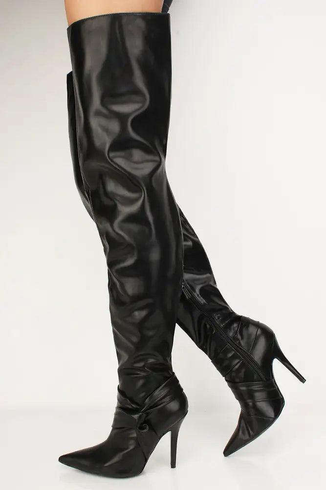 Black Pointy Toe Thigh High Boots Faux Leather - AMIClubwear