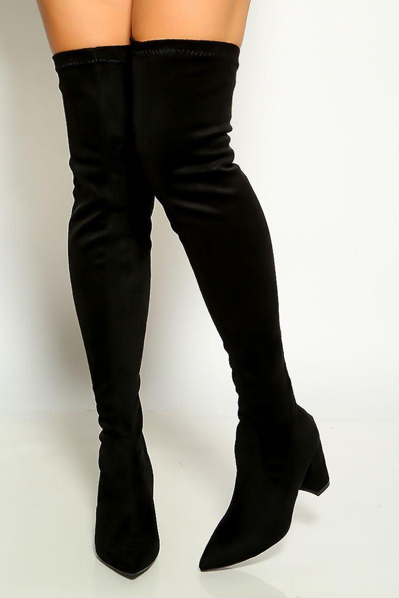Black Pointy Toe Thigh High Chunky Heel Faux Suede Boots - AMIClubwear