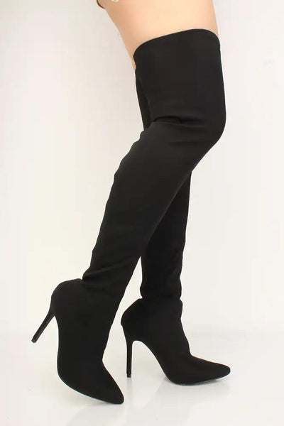Black Pointy Toe Thigh High Heel Boots - AMIClubwear