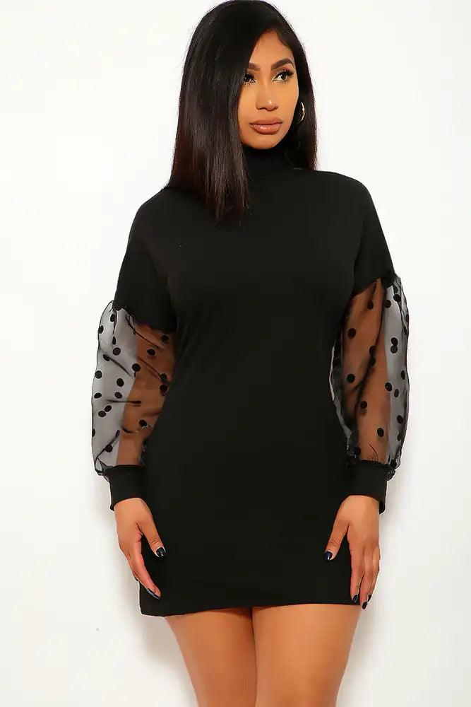 Black Polka Dot Mock Neck Party Dress - AMIClubwear