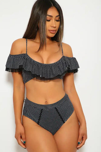 Black Polka Dot Print Ruffled Two Piece Swimsuit - AMIClubwear