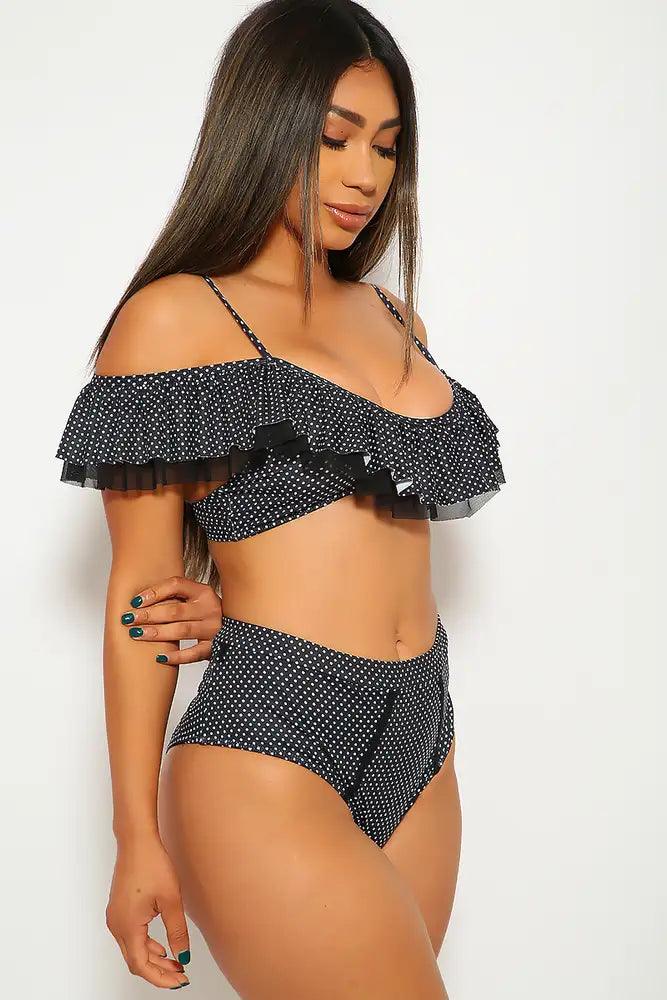 Black Polka Dot Print Ruffled Two Piece Swimsuit - AMIClubwear