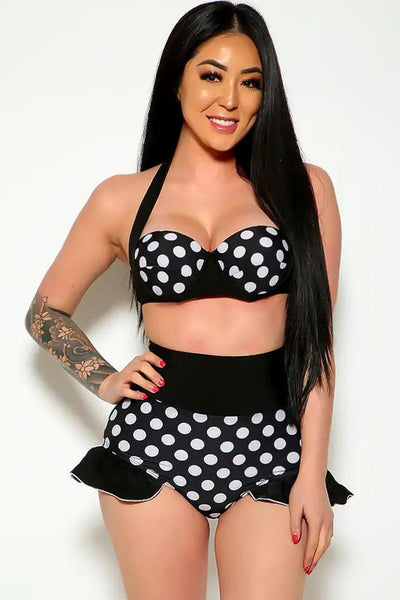 Black Polka Dot Ruffle High Waist Sexy Swimsuit - AMIClubwear