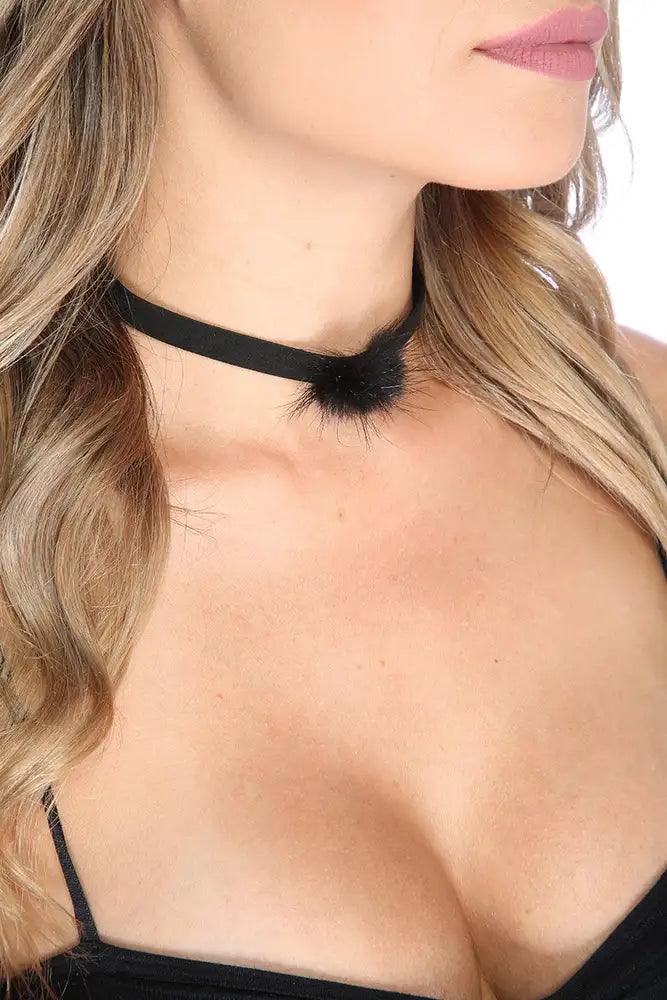 Black Pom Pom Accent Choker Necklace - AMIClubwear