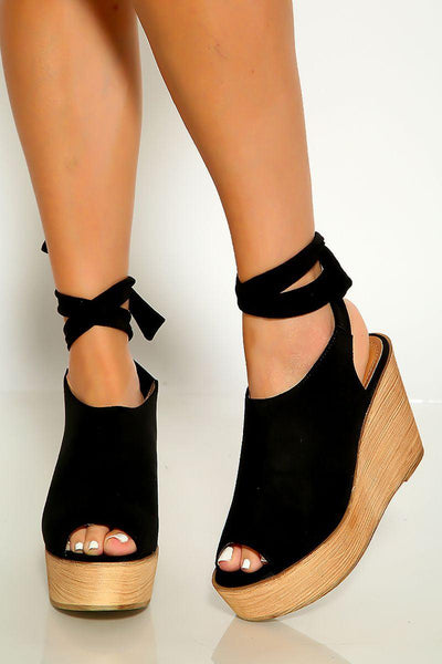 Black Print Peep Toe Wrap Around Platform Wedges - AMIClubwear