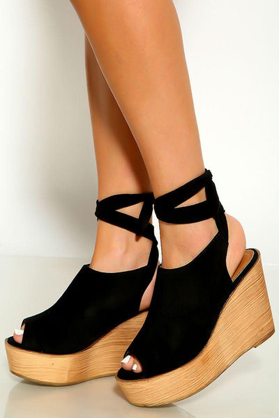 Black Print Peep Toe Wrap Around Platform Wedges - AMIClubwear