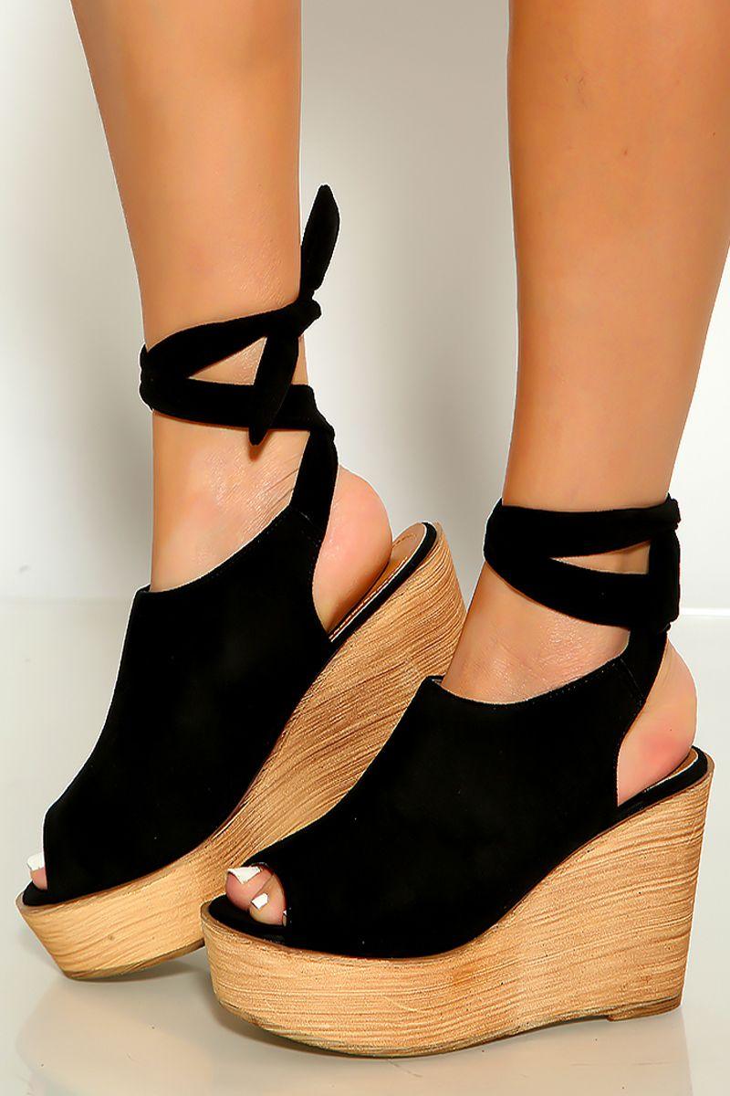 Black Print Peep Toe Wrap Around Platform Wedges - AMIClubwear