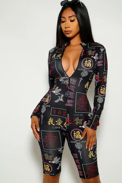 Black Printed Long Sleeve Romper - AMIClubwear