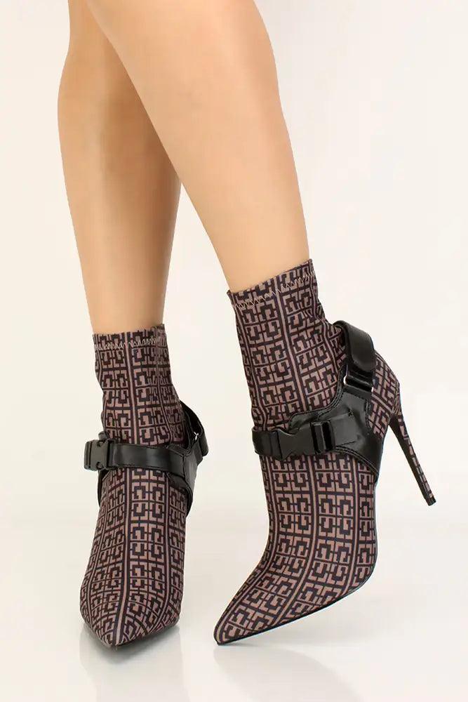 Black Printed Pointy Toe Lycra Booties - AMIClubwear