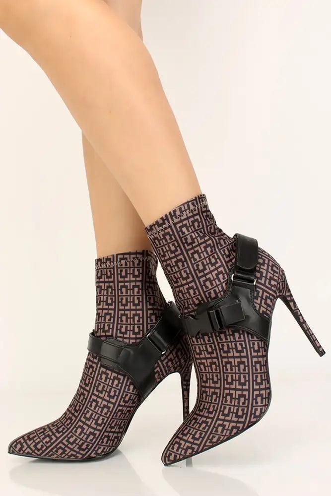 Black Printed Pointy Toe Lycra Booties - AMIClubwear