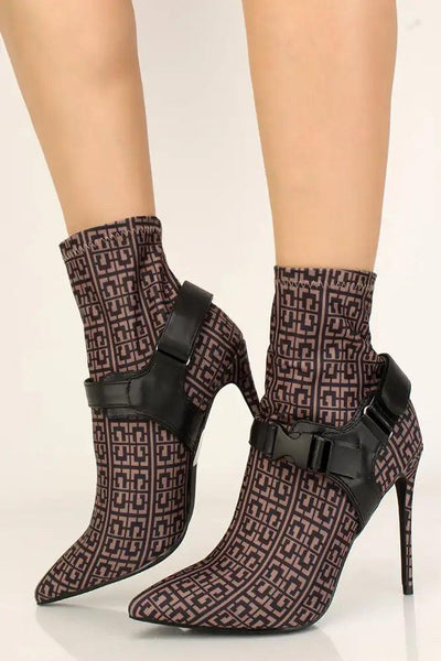 Black Printed Pointy Toe Lycra Booties - AMIClubwear