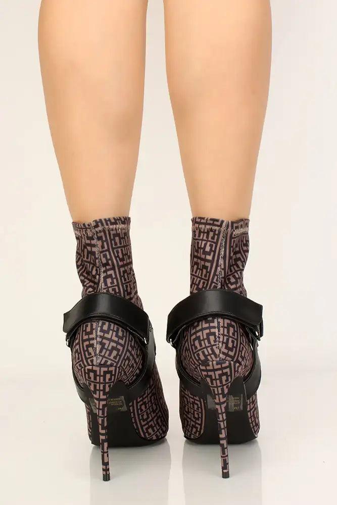 Black Printed Pointy Toe Lycra Booties - AMIClubwear