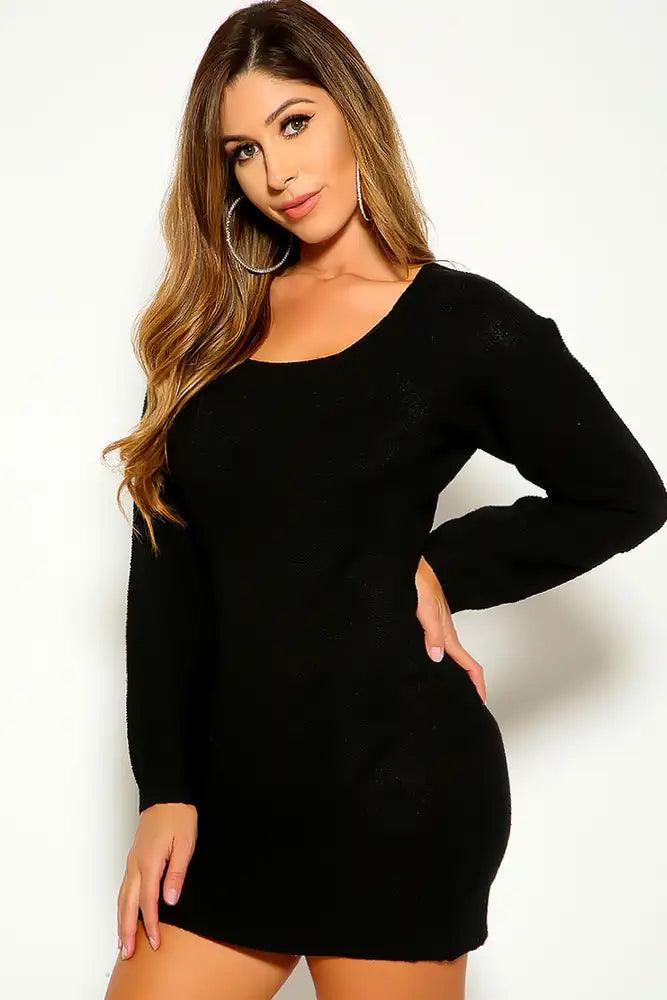 Black Puff Sleeve Knitted Sweater Dress - AMIClubwear