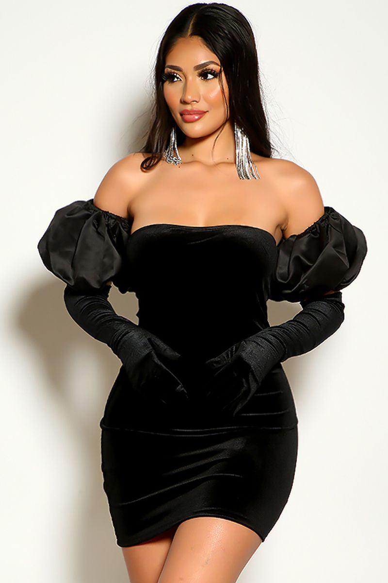 Black Puff Sleeve Strapless Velvet  Long Gloves Party Dress - AMIClubwear